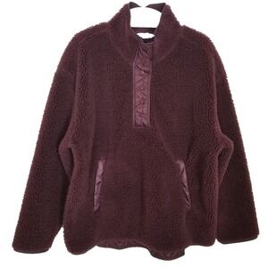 Athleta Women Jacket Sz XL Cozy Sherpa Snap Sweatshirt  Burgundy Pullover